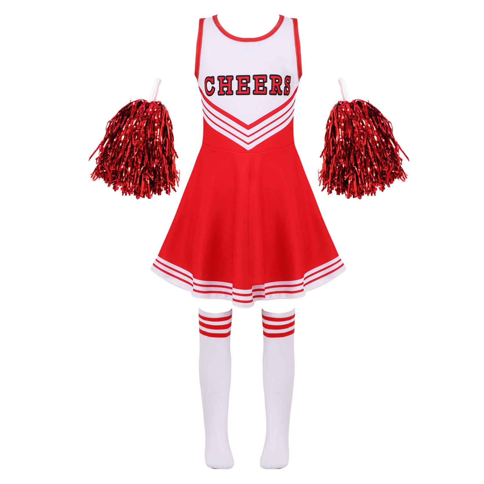 Mädchen Cheerleading Uniform Tanzkostüm Kinder Cheerleader Outfit Rundhalsausschnitt Patchwork Stil Tanzkleid Blume und Socken 3-4 Years rot