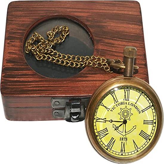 Royal Handicraft Antique Vintage Maritime Victoria London1920 Taschenuhr aus Messing mit Holzschatulle