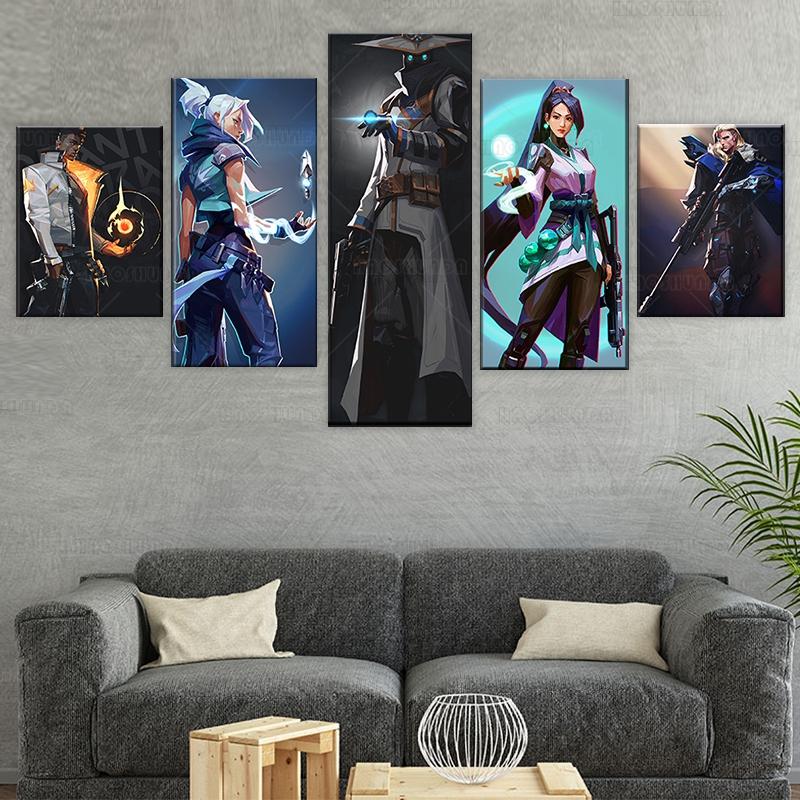 5 Stück Valorant Ölgemälde Jett Sage Cypher Phoenix Sova Leinwand Videospiel Poster Home Decor Sofa Hintergrund Wandabdeckung Ar 40x60cm*2  40x80cm*2  40x100cm*1