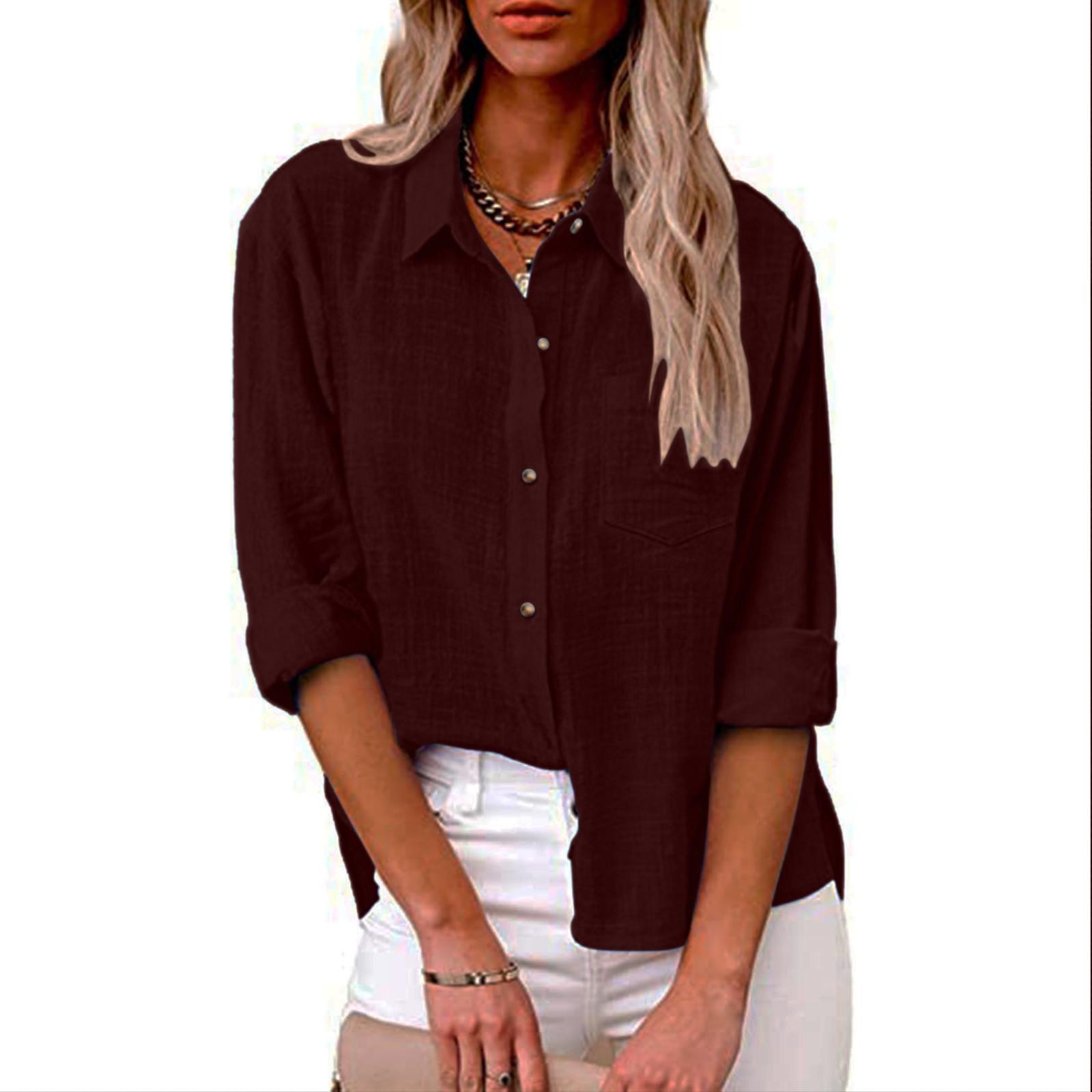 Damen Herbst Langarm Knopf Einfarbig Loses Hemd Lässiges Großes Hemd XXXXL weinrot