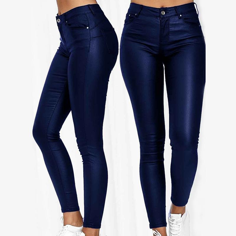 Damen einfarbige High-Waist Stretch enge Lederhose Kleidung Verkauf L blau