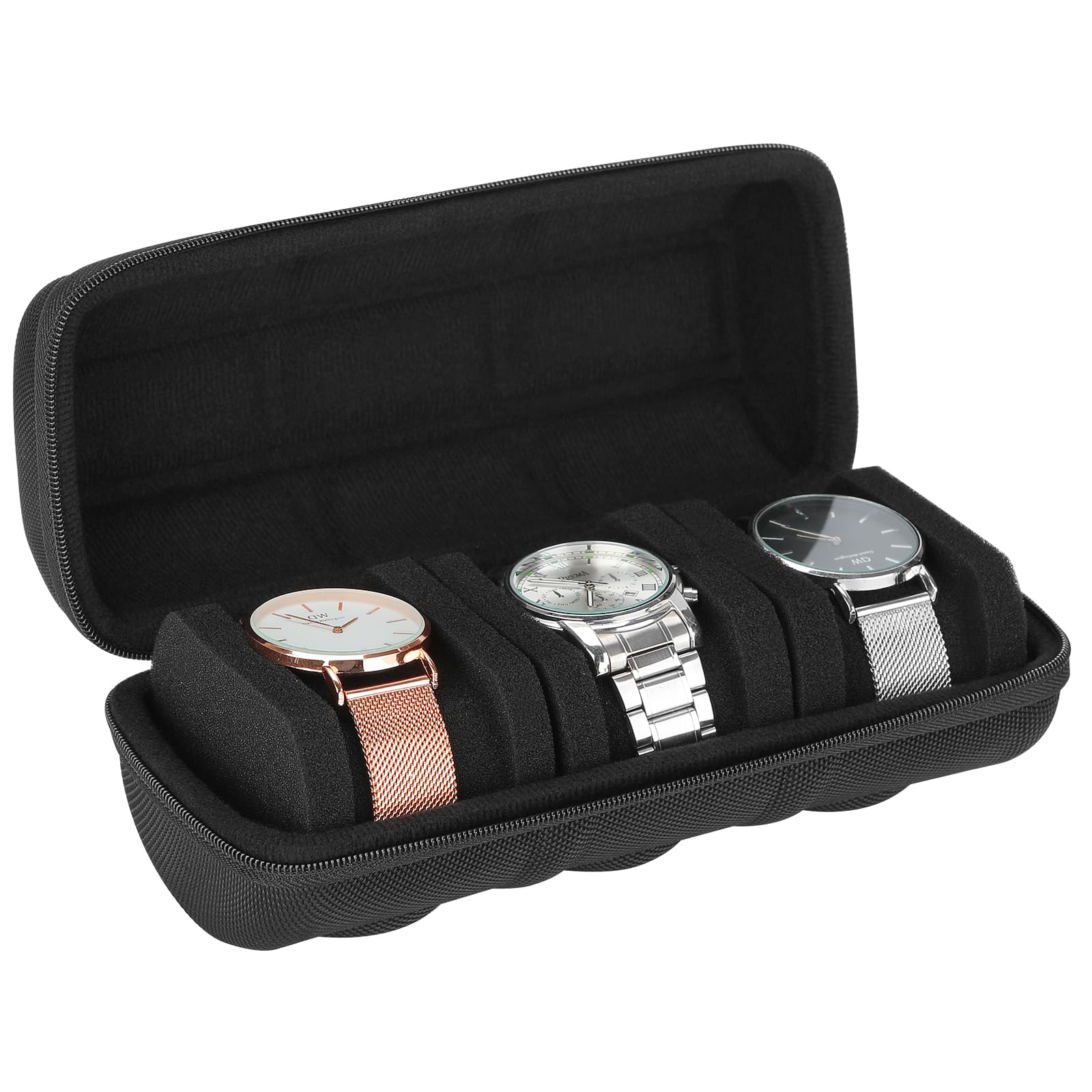 Reiseetui für Uhren mit 6 Fächern, tragbare Aufbewahrungsbox mit Reißverschluss und weichem, komprimierbarem Schaumstoffkissen für große und kleine Uhren