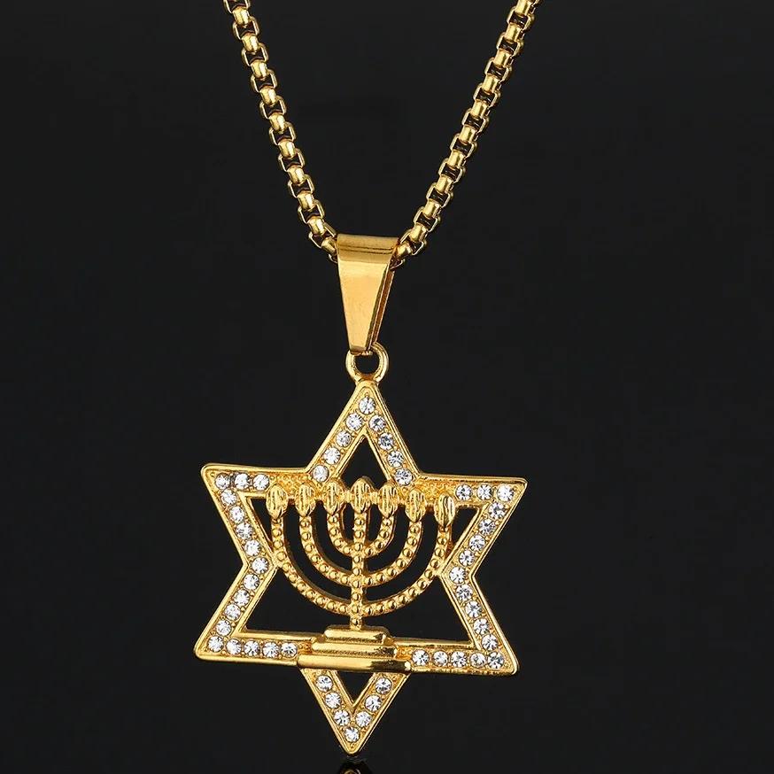 Israel Menora Judentum Hebräisch Halskette Davidstern Menora Goldfarbe Religiöse Halskette 60cm