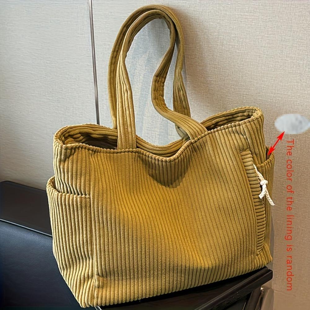 Eine lässige Handtasche aus Cord mit Reißverschluss, leicht und mit großem Fassungsvermögen, festem Schultergurt und Polyesterfutter, solide Handtasche für den täglichen Gebrauch gelb