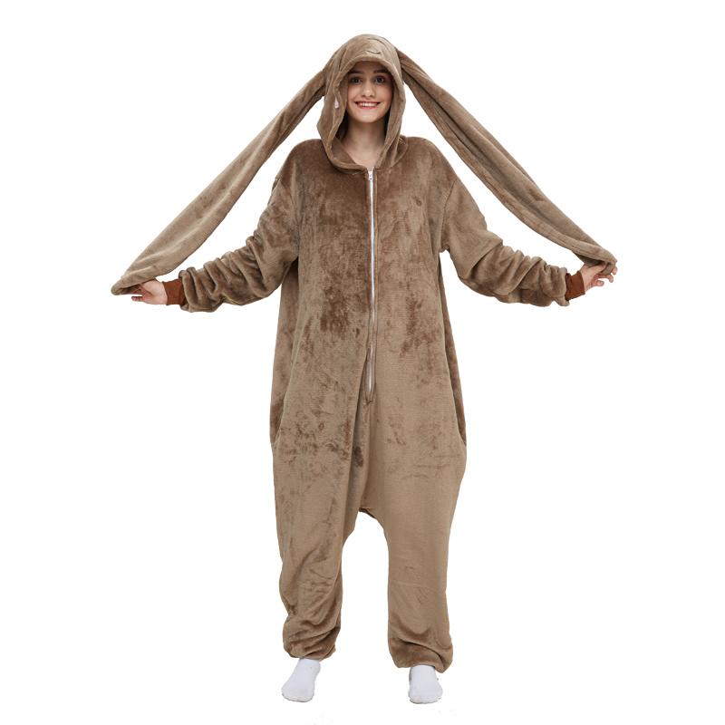 Halloween Cosplay Kostüm Damen Einteiler Hase Kigurumi Flanell Schlafanzug mit Füßen Tiere Einteiliges Kostüm Weihnachten Homewear M brown