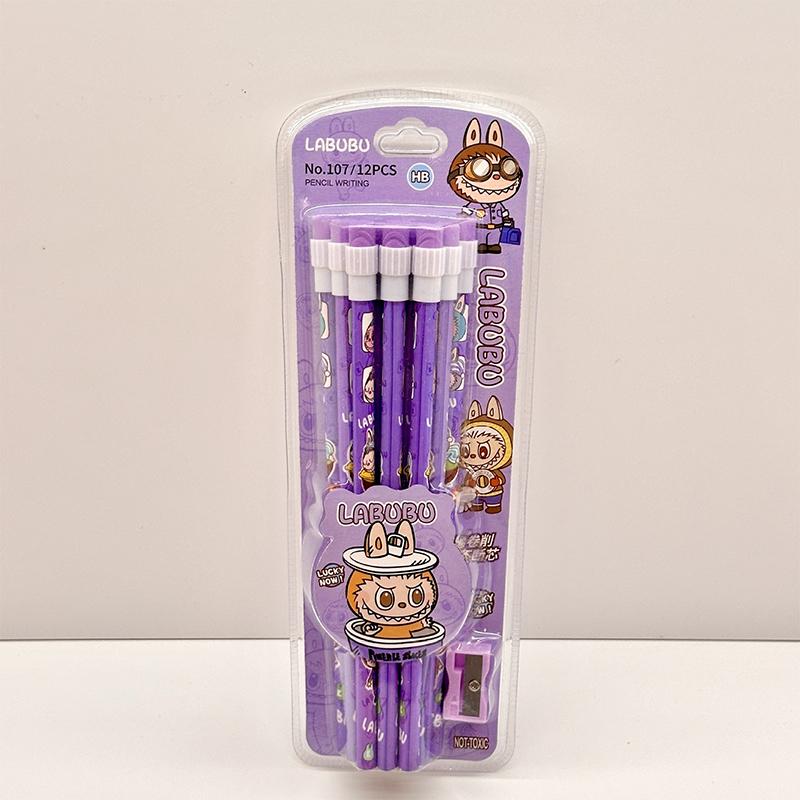 Set mit 12 Cartoon Labubu Bleistiften mit Radiergummi und Anspitzer, Studentenbleistifte zum Schreiben und Zeichnen, Studenten-Schreibwaren, Schulsachen HB violett