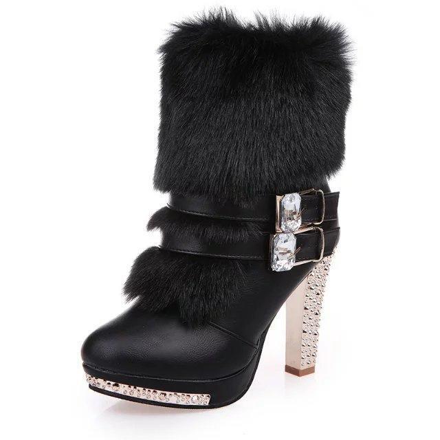 Pelz Frauen Stiefel Weibliche Dick mit High Heel Pelz Strass frauen Stiefel Schnee Stiefel Dame High Heels 40 schwarz