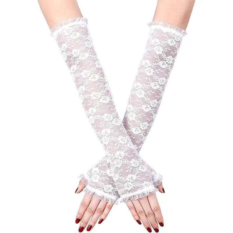 Lange fingerlose Spitzenhandschuhe mit Hohlsaum, Sonnenschutzärmel, Netzspitze, dünnes Fahrradzubehör, sexy schwarze Handschuhe mit bloßen Fingern one size weiß