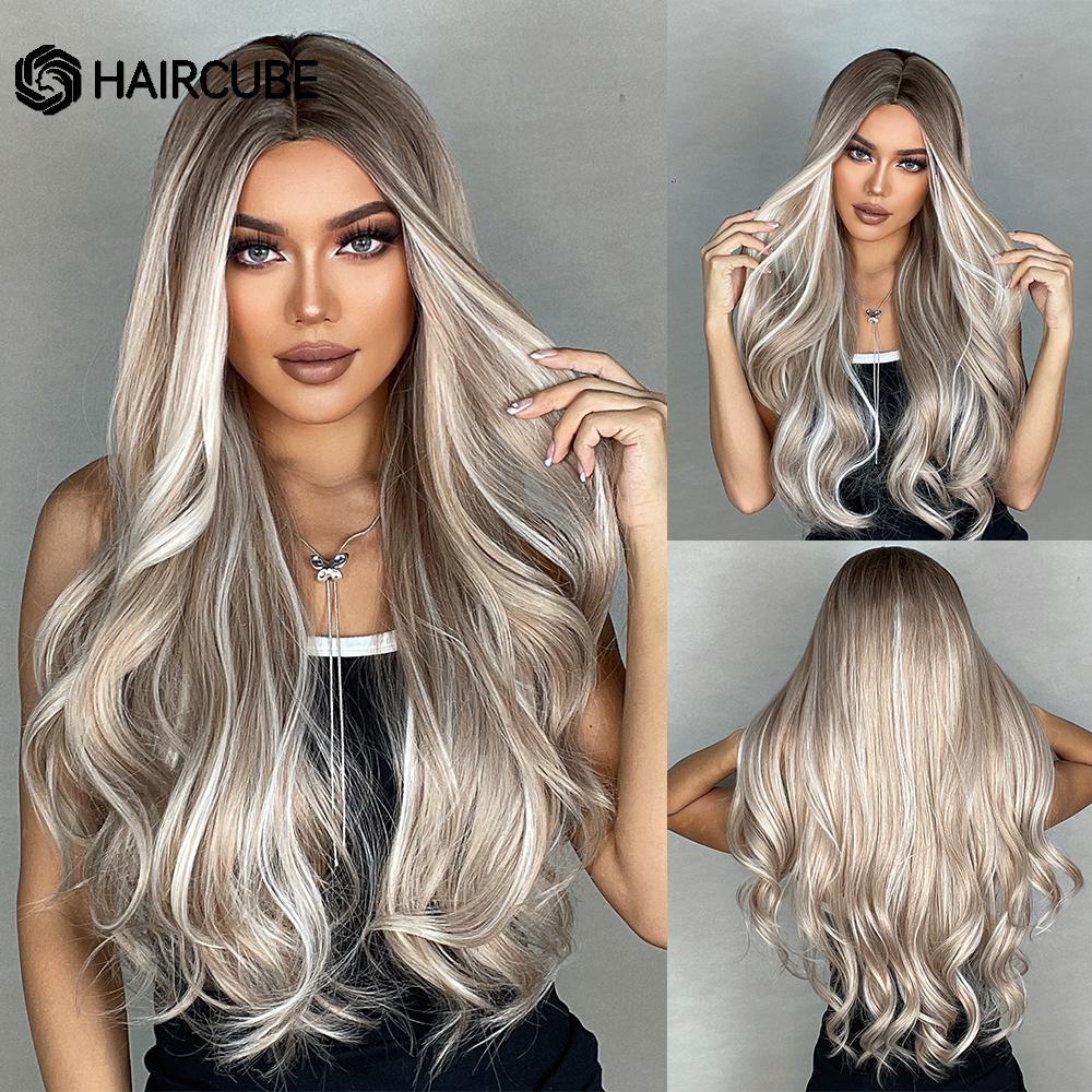 HAIRCUBE Weiße Platin-Mischbraun-Synthetik-Perücken, lange gewellte Naturhaar-Perücken für Frauen, mittlerer Teil, tägliche hitzebeständige Perücken LC1019-1