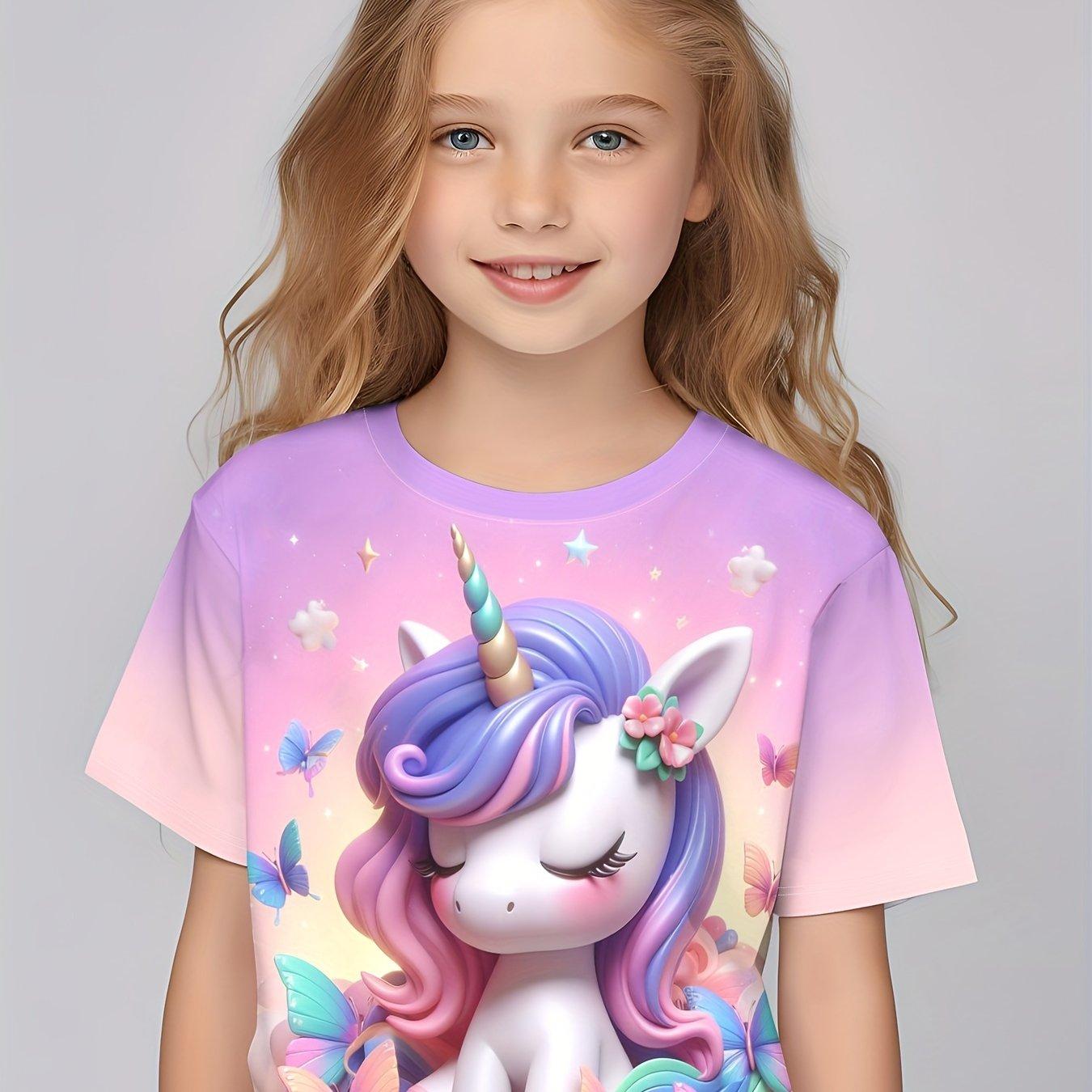 Kinderkleidung Mädchen Bezaubernder 3D-Feen-Druck Kurzarm-T-Shirt Tops Bequemer Rundhalsausschnitt Casual Tees Kinderkleidung für Mädchen 160 beige