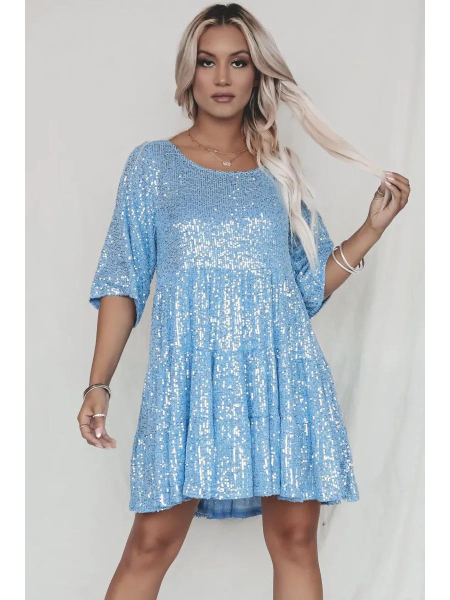 2025 Einfarbig Pailletten Rundhals Locker in der Taille Kurzarm Abendkleid Double Extra Large hellblaue