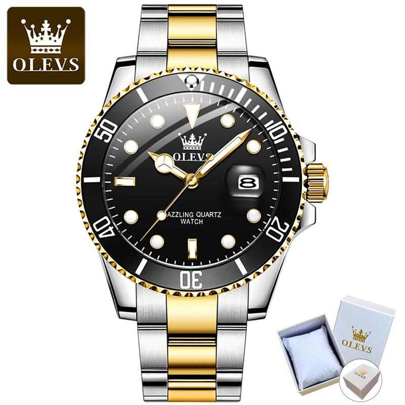 OLEVS 5885 mit Geschenkbox, luxuriöse grüne Wassergeist-Quarzuhr, wasserdichte Herrenuhr, Herrenuhr gold/schwarz