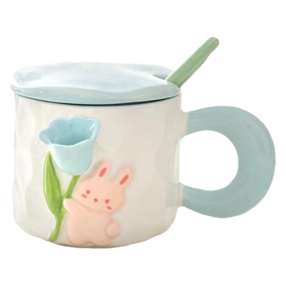 Niedliche Tulpen-Hasen-Tasse Keramik mit Deckel Becher Große Kapazität Wasserbecher Geburtstagsgeschenk für Mädchen mit Deckel Löffel 400ml