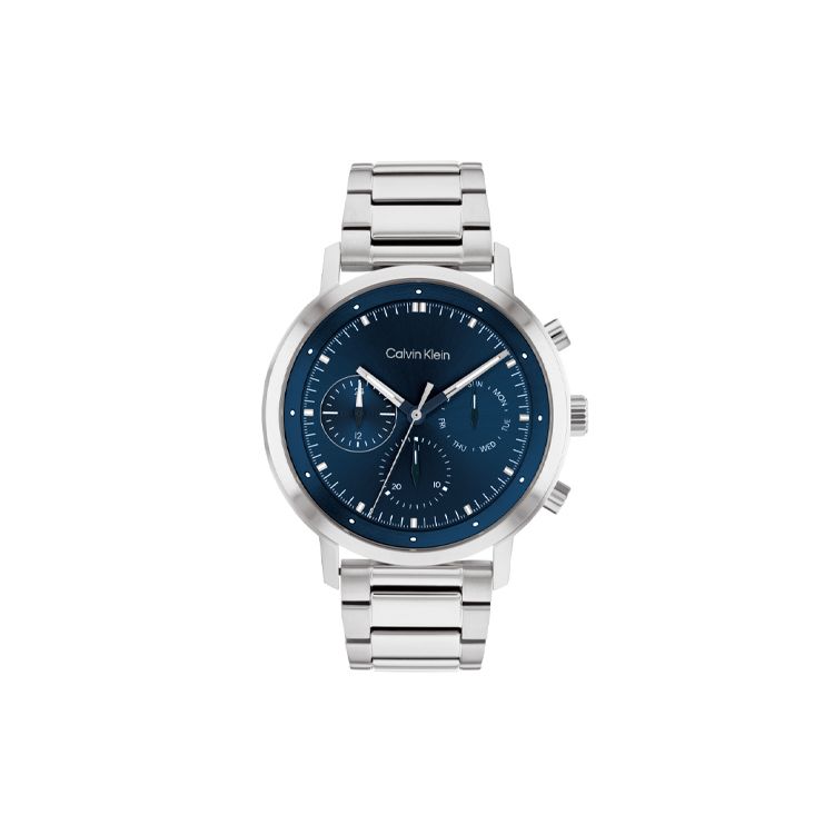 Calvin Klein Stilvolle Serie Quarz Uhr Edelstahl Armband 44mm Blaues Zifferblatt Multifunktions Chronograph Drei Augen Herrenuhren Silber 25200063 Regular Watch Box,Silver Strap Blue Dial