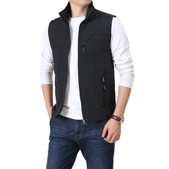 Herren Sommer Weste Revers Ärmellose Weste Mantel mit 2 Taschen Reißverschluss Jacke Cargo Mantel Streetwear L schwarz