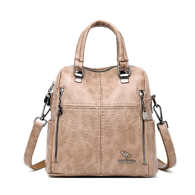 Neuer, hochwertiger Lederrucksack für Damen, Schultertaschen, Multifunktions-Reiserucksack, Schultaschen für Mädchen khaki