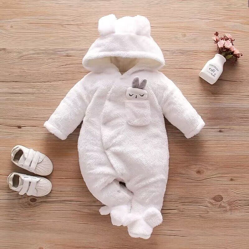 Baby-Kleidung für Mädchen, solide Fleece-Kaninchen-Baby-Overall mit Kapuze und langen Ärmeln, Unisex-Baby-Winterkleidung für Neugeborene 3M weiß