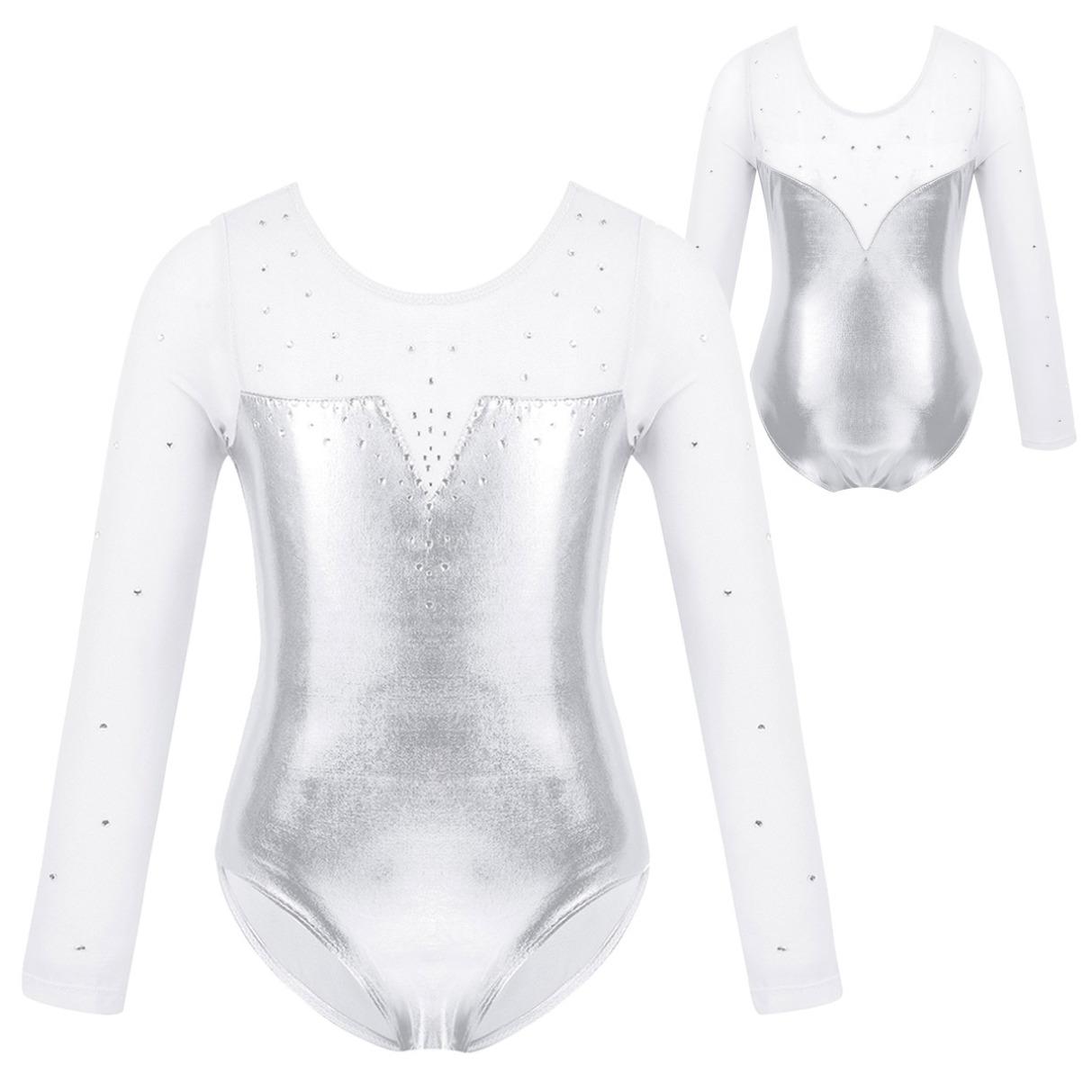 Gymnastik-Trikot für Mädchen und Kinder, Netzstoff, langärmelig, glitzernde Strass-Metallic-Ballett-Tanz-Trikot 7-8 Years silber