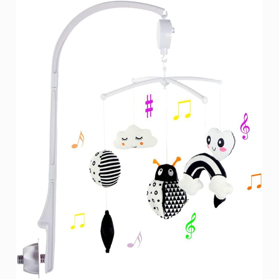 Babybett-Mobile für das Kinderbett mit hängenden rotierenden Spielzeugen, Kinderzimmer-Mobile mit Spieluhr, schwarz-weißes Mobile für Neugeborene von 0–24 Monaten 67x46x25cm,Ladybug weiß/schwarz