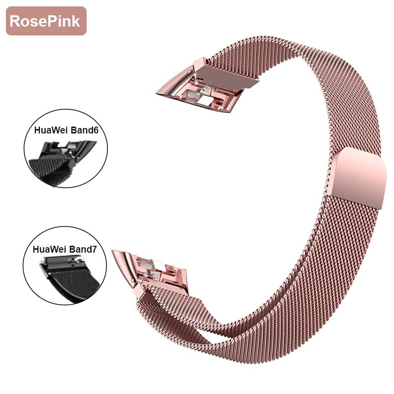 Metall-Uhrenarmband für Huawei Band 6, 7, Band, Honor 6, Armband mit TPU-Hülle, Displayschutzfolie, weicher Film, Huawei Magnetschlaufenband For Huawei Band 6 hellrosa