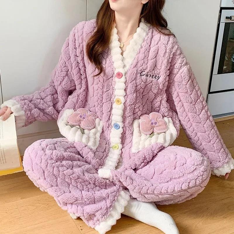 Korall-Samt Mond Kleidung Herbst Winter Postpartal Schwangerschaft Schwangere Frauen Pyjama Dick und Samt Umstandsmode Pflegeheim Set 3XL violett