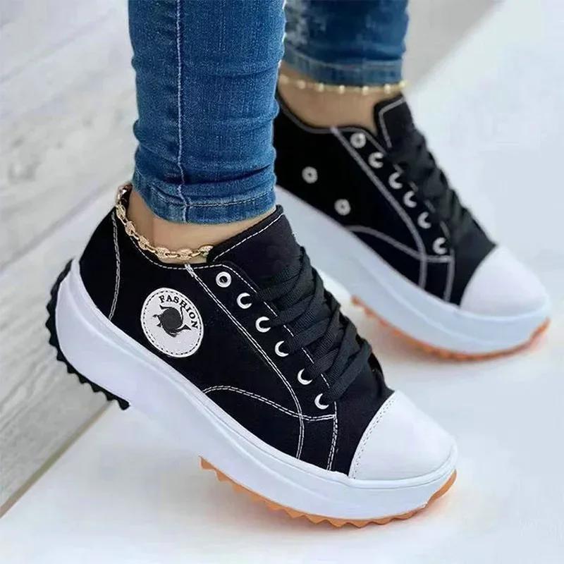 Mode 2024 Damen High-End Marke Sportschuhe Bequem Atmungsaktiv Damen Canvas Schuhe Freizeitschuhe Flach Schnürschuhe für Damen 35 schwarz