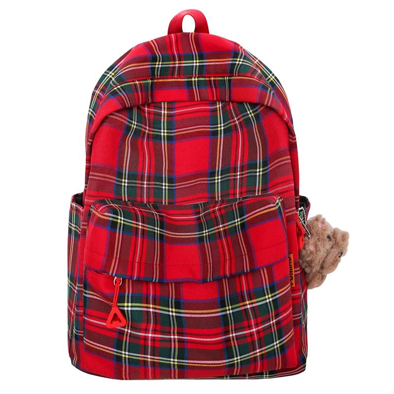 Studenten Karo Schultasche Damen Rucksack mit großer Kapazität Reise Rucksack rot
