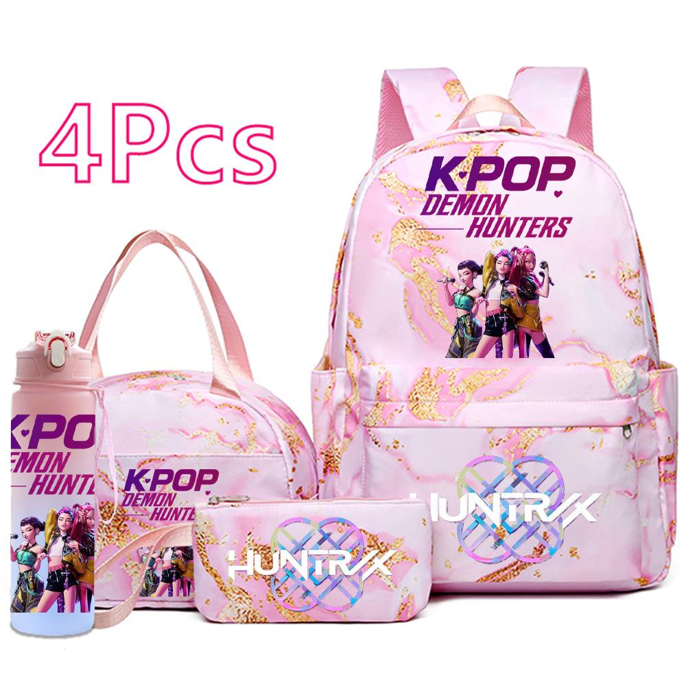 4-teiliges/Set Cartoon K-Pop bedruckter Rucksack Handtasche Federmäppchen mit 750 ml Wasserflasche für Teenager Jungen Mädchen Schultasche Große Kapazität Bücherrucksack Mochila