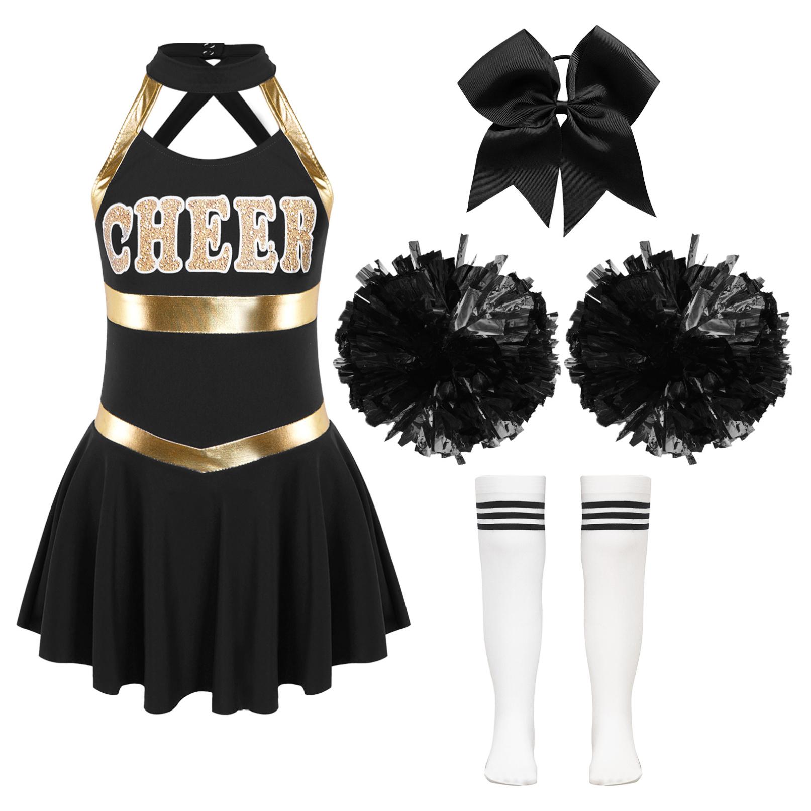 Mädchen Cheer Leader Halloween Performance Uniform Kostüm High School Ärmelloses Kleid Cheerleading Outfit 5-6 Years schwarz/weiß