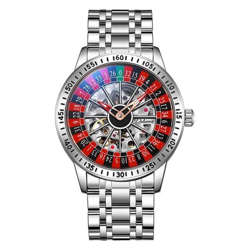 Dulunwe Swinging Rotary Dial Design Hohlskelett Uhren Business Trendy Herren Armbanduhr Roulette Rad Automatische Mechanische Uhr silber/rot