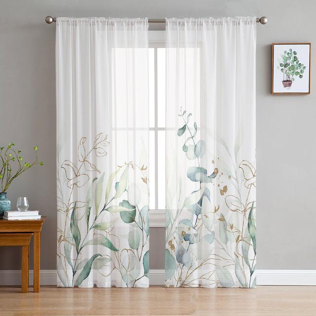 Grüne Blatt-Eukalyptus-Pflanze, Tüll-Voile-Vorhänge für Schlafzimmer, Fenstervorhang für Wohnzimmer, durchsichtige Vorhänge, Jalousien, Organza-Vorhänge 1 PCS W150XH250cm