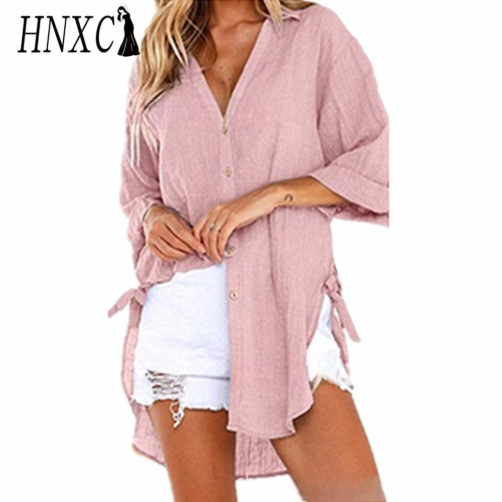 HNXC Damenmode Lässig Einfarbig Druck Langarm POLO Kragen Blusen & Hemden S rosa