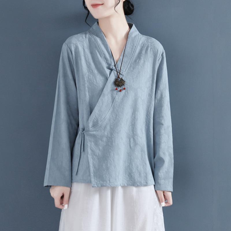 Traditionelle chinesische Bluse für Damen, lässig, Baumwolle, Leinen, V-Kragen, Knopfleiste, Hanfu-Anzug, Oberteil, Cosplay-Kostüme, Damenkleidung XL
