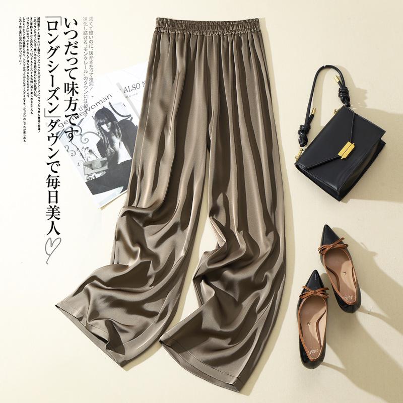 Eis Seide Weite Hosen Damen Sommer Elastischer Bund Satin Gerade Hosen Uni Lässig Locker Acetat Damen Hosen S kaffeebraun