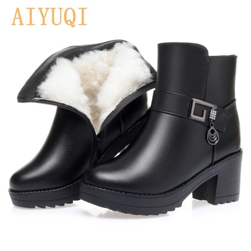 Winterstiefel Damen Plattform Naturwolle High Heel Damen Stiefeletten Dicker Absatz Warme Damen Kurze Stiefel 36