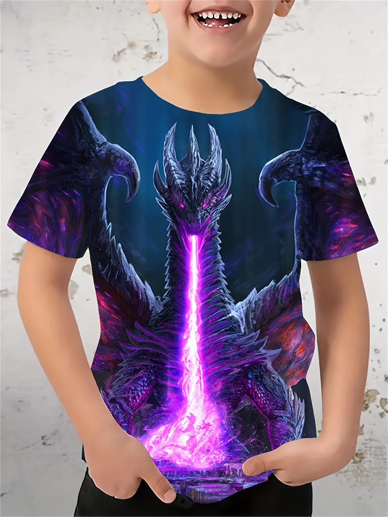 Kinderbekleidung T-Shirts für Jungen Kurzarm Kinder T-Shirt Stilvoller 3D-Drache-Graphit-Druck Lässige Mädchen Sommerkleidung Tops 140 black