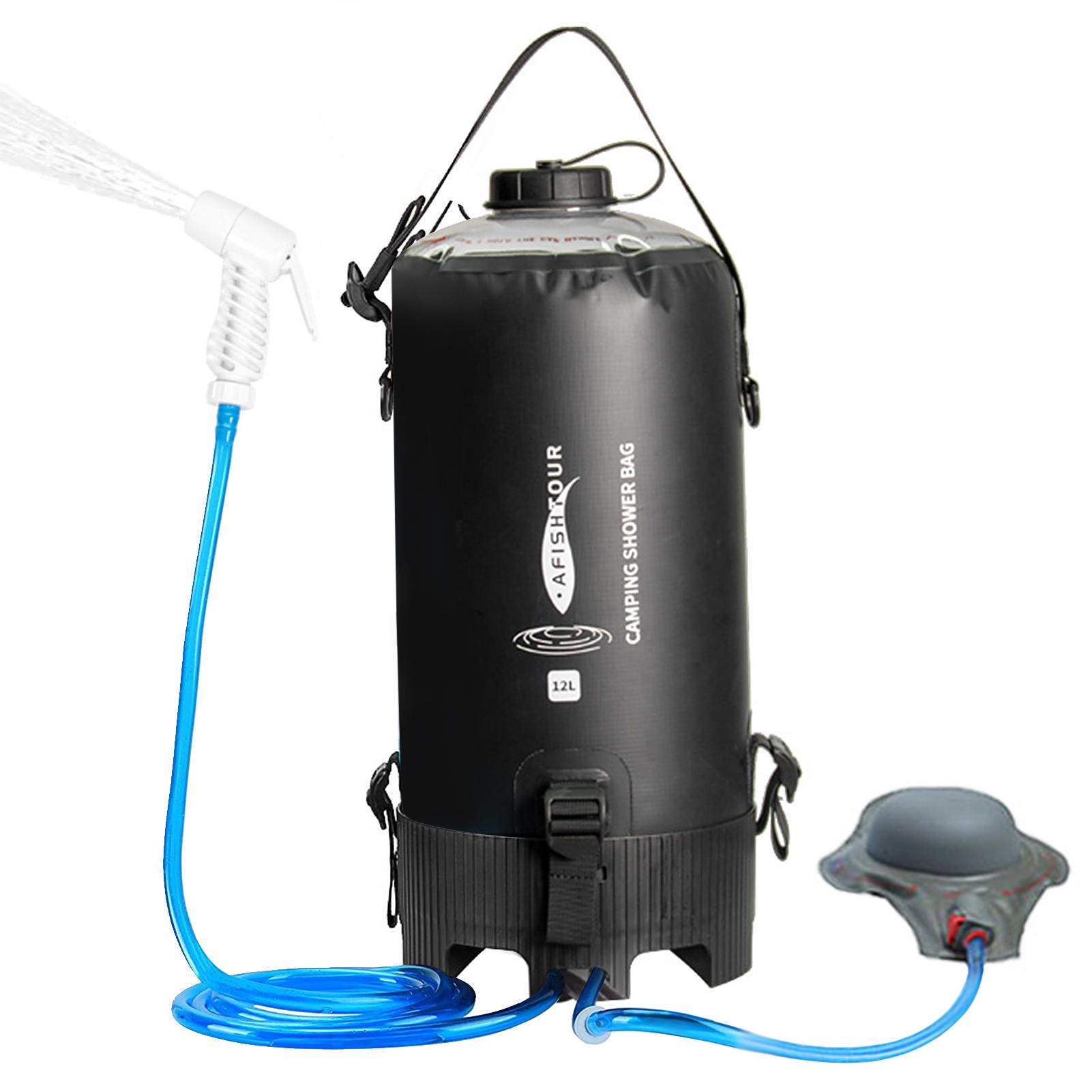 Tragbare 12-Liter-Camping-Duschtasche mit Fußpumpe und Duschkopfschlauch für Camping, Wandern, Rucksackreisen