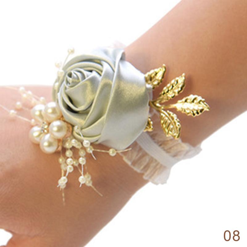 Brautjungfer Faux Rose Armband Hochzeit Handgelenk Corsage Polyester Band Perle Schleife Braut Geschenke Hand Blumen Party Prom Zubehör