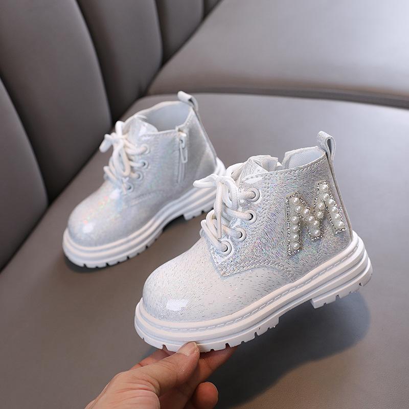 Kinder Prinzessin Schuhe Niedrige Röhre Pailletten Kinder Winter Stiefel Neue Mädchen Stiefel Niedrigen absätzen Baby Casual Stiefel 21 weiß