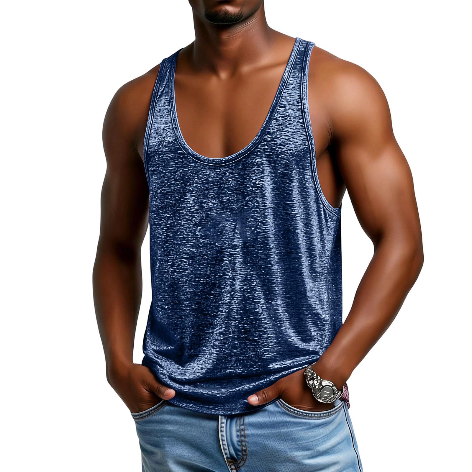 Ärmelloses lockeres Herren-Tanktop Leichte U-Boot-Ausschnitt Weich Atmungsaktiv Lässiges Fitness-Workout-Westen-Shirt XXXL blau