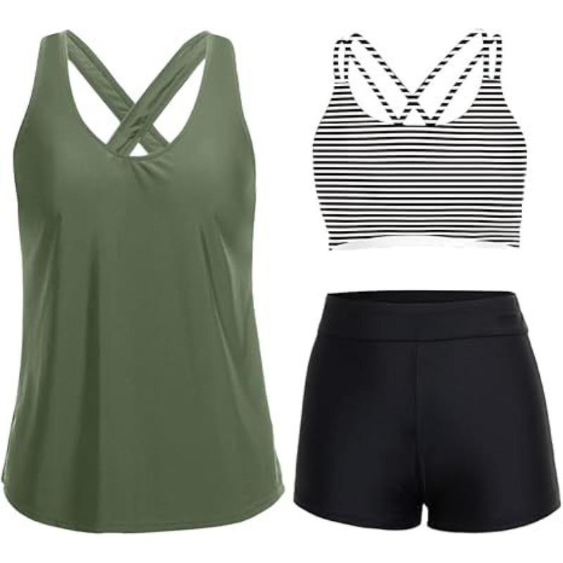 Damen 3-teiliges Tankini-Badeanzug-Set, Sexy Doppel-Schultergurt Bauchkontrolle Badeanzug, Modische Strandbademode M grün