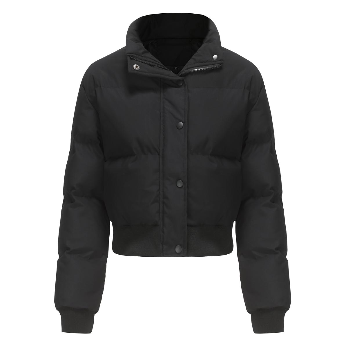 Kurze dicke Jacken für Damen, Baumwolle, hoher Kragen, lange Ärmel, Reißverschluss, warme Puffermäntel, Herbst-Winter, bauchfreies Top, modische Outfits M schwarz
