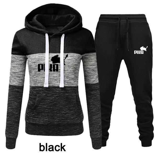 Frauen Mode 2 Stück Trainingsanzüge Farbe Patchwork Trainingsanzug Weibliche Lange Hülse Hoodies Sweatshirt und Jogginghose M schwarz