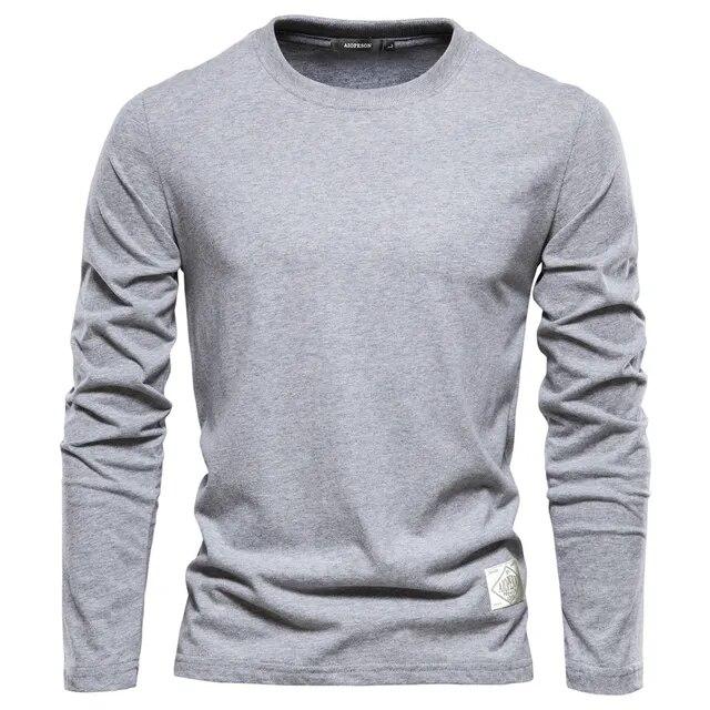 100 % Baumwolle Langarm T-Shirt für Männer Solide Frühling Casual Herren T-Shirts Männliche Tops Klassische Kleidung Herren T-Shirts L hellgrau