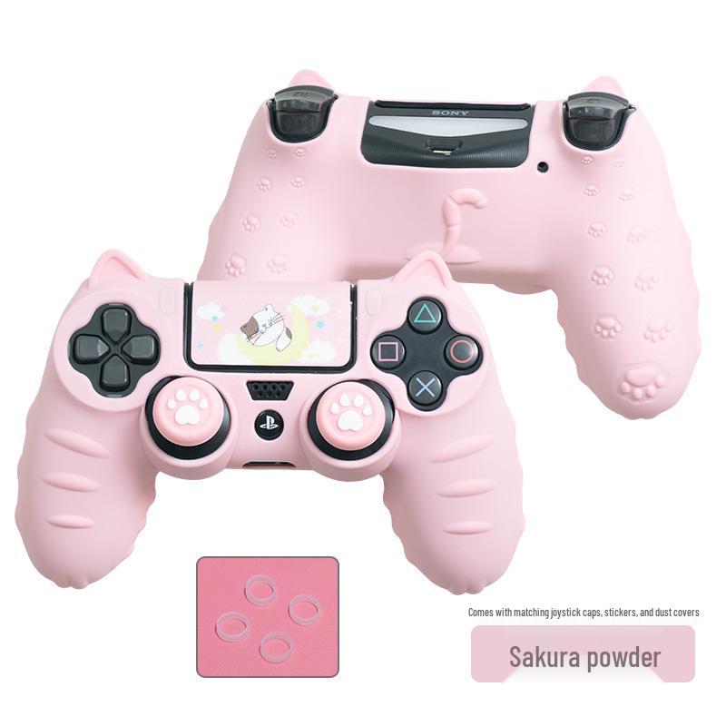 Cartoon Niedliche Silikon PS4 Controller Hülle mit Joystick Kappen, Stickern & Staubschutzring rosa