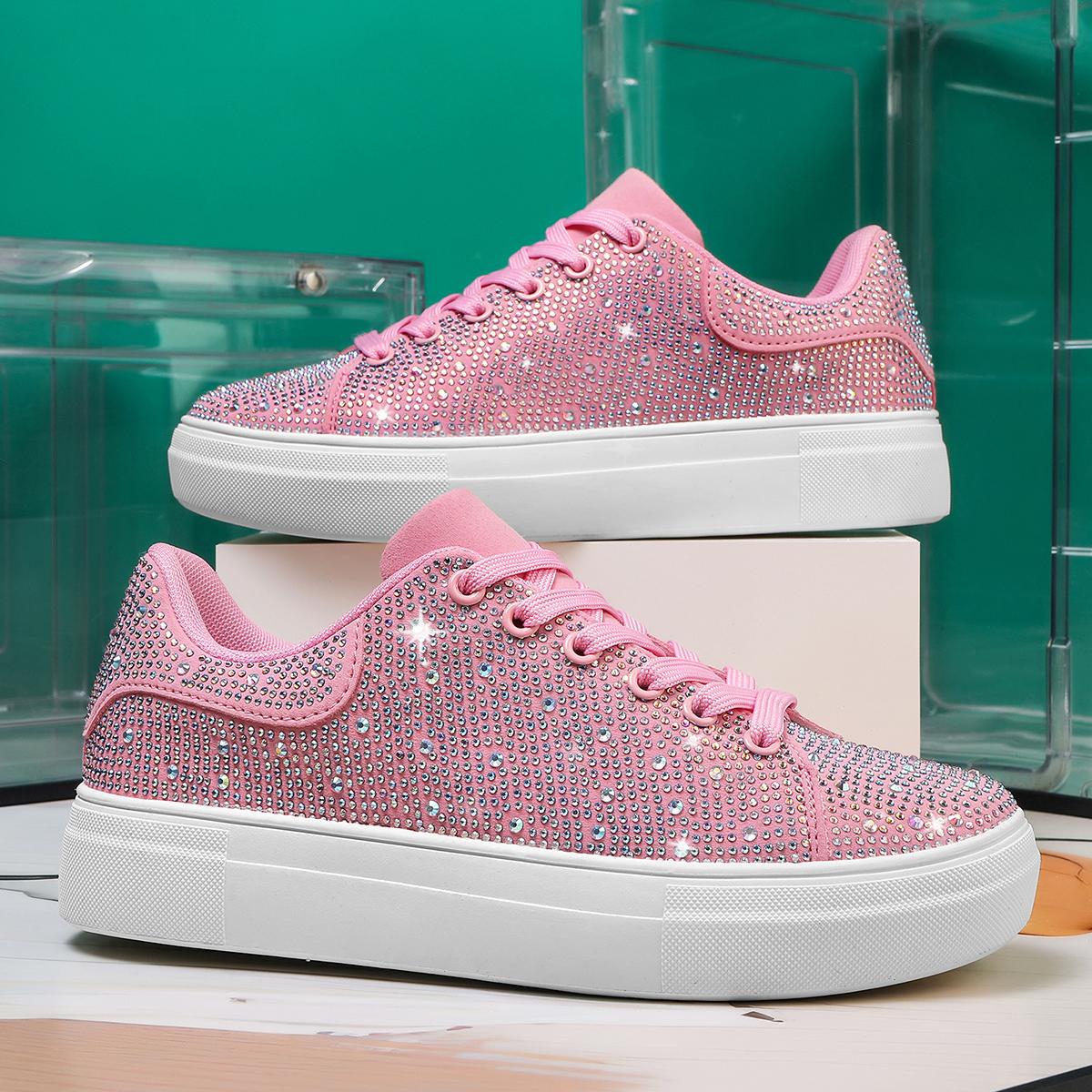 TUINANLE Damen Plateau Schuhe Strass Dicksohlige Pinke Designer Schuhe Glänzende Kristall Sneakers Trendige Lässige Sneakers 40 rosa