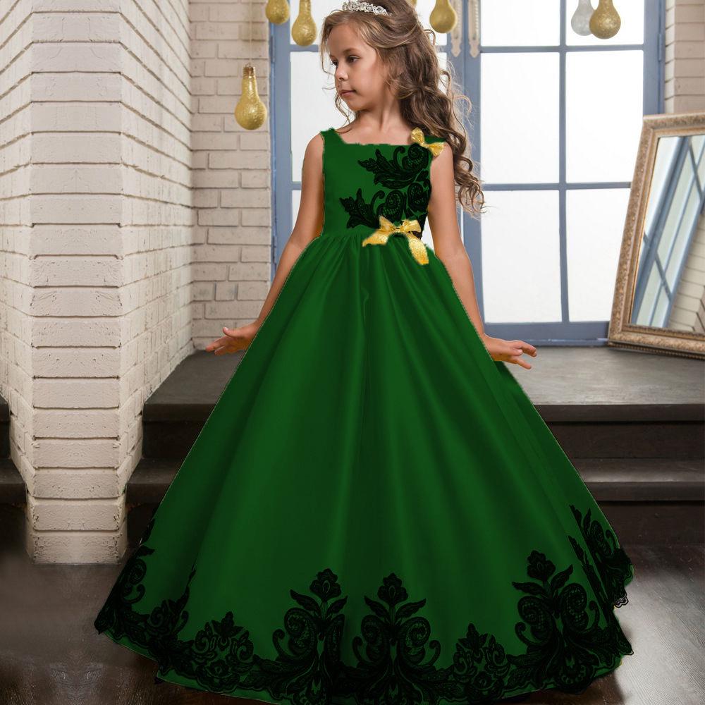 Hochwertiges Kinder-Mädchen-Hochzeitskleid mit Stickerei, Prinzessin, Party, Festzug, formelles Kleid, ärmellos, Seidentüll 130 grün