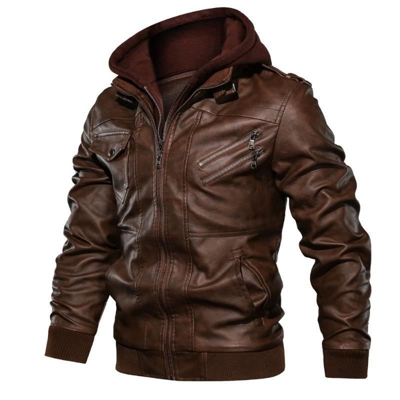 Kapuzenlederjacke Streetwear Bikerjacke Slim Fit Herbst Winter Mantel Herren Pelzfutter Herren Motorradjacke Mode Herrenjacke XXXL braun