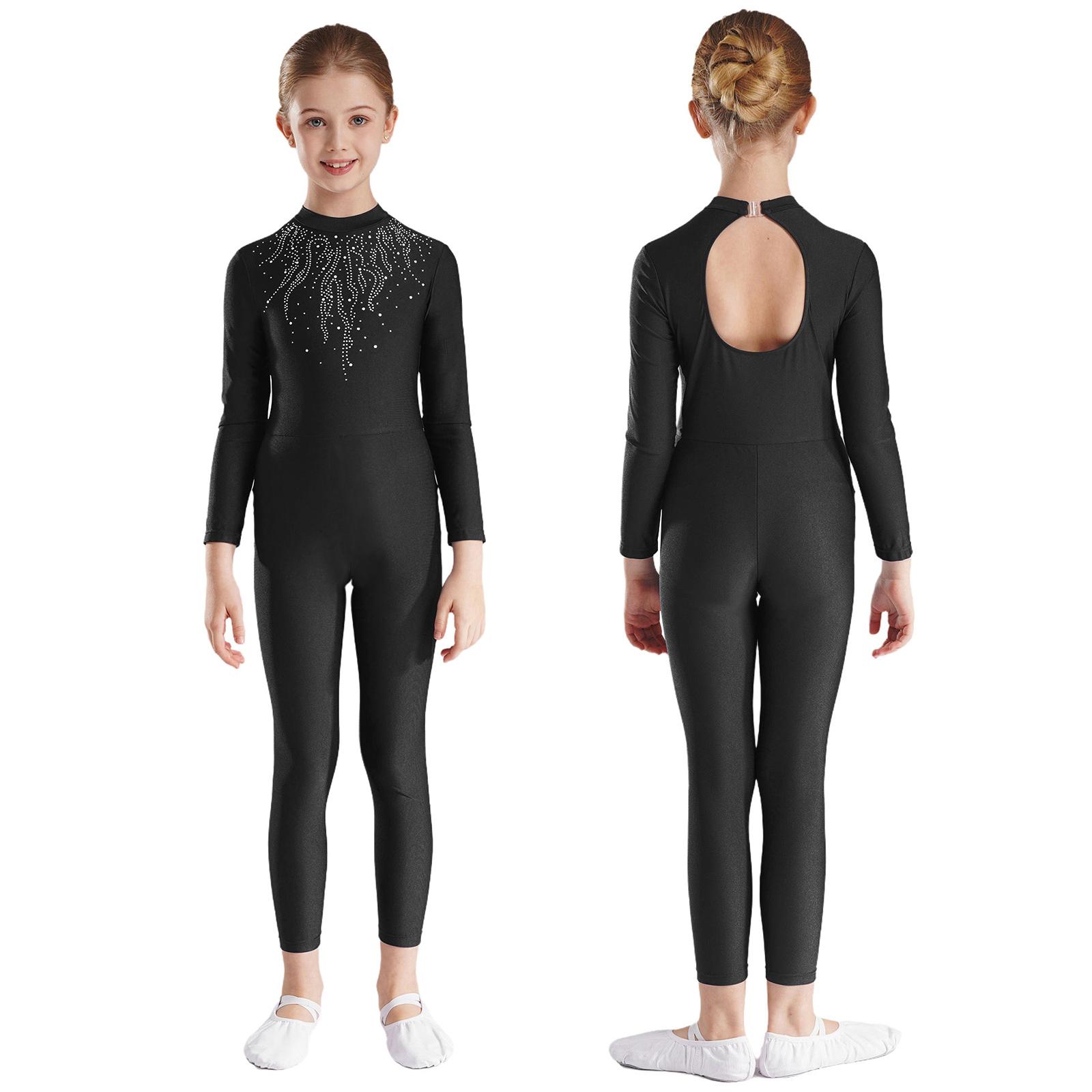 Langarm-Overall mit Strass-Dekor für Mädchen, für Ballett, Gymnastik, Akrobatik, Yoga, Workout, Ganzkörper-Stretch-Uniform für Eiskunstlauf 7-8 Years schwarz