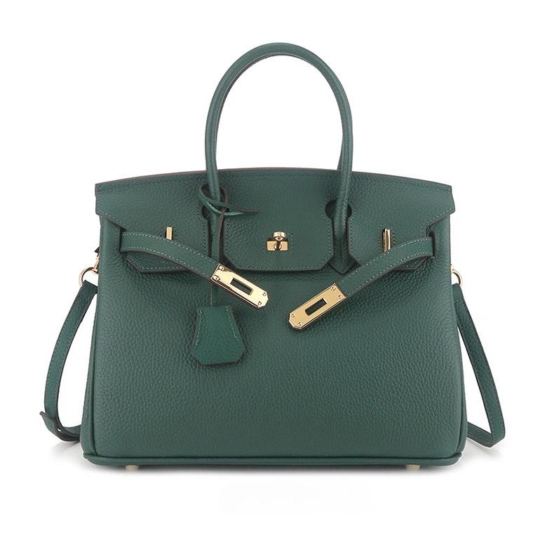 Erste Schicht togo Rindsleder große Kapazität Leder Litschi-Muster Damenmode Schloss Handtasche 25x13x19cm dunkelgrüne